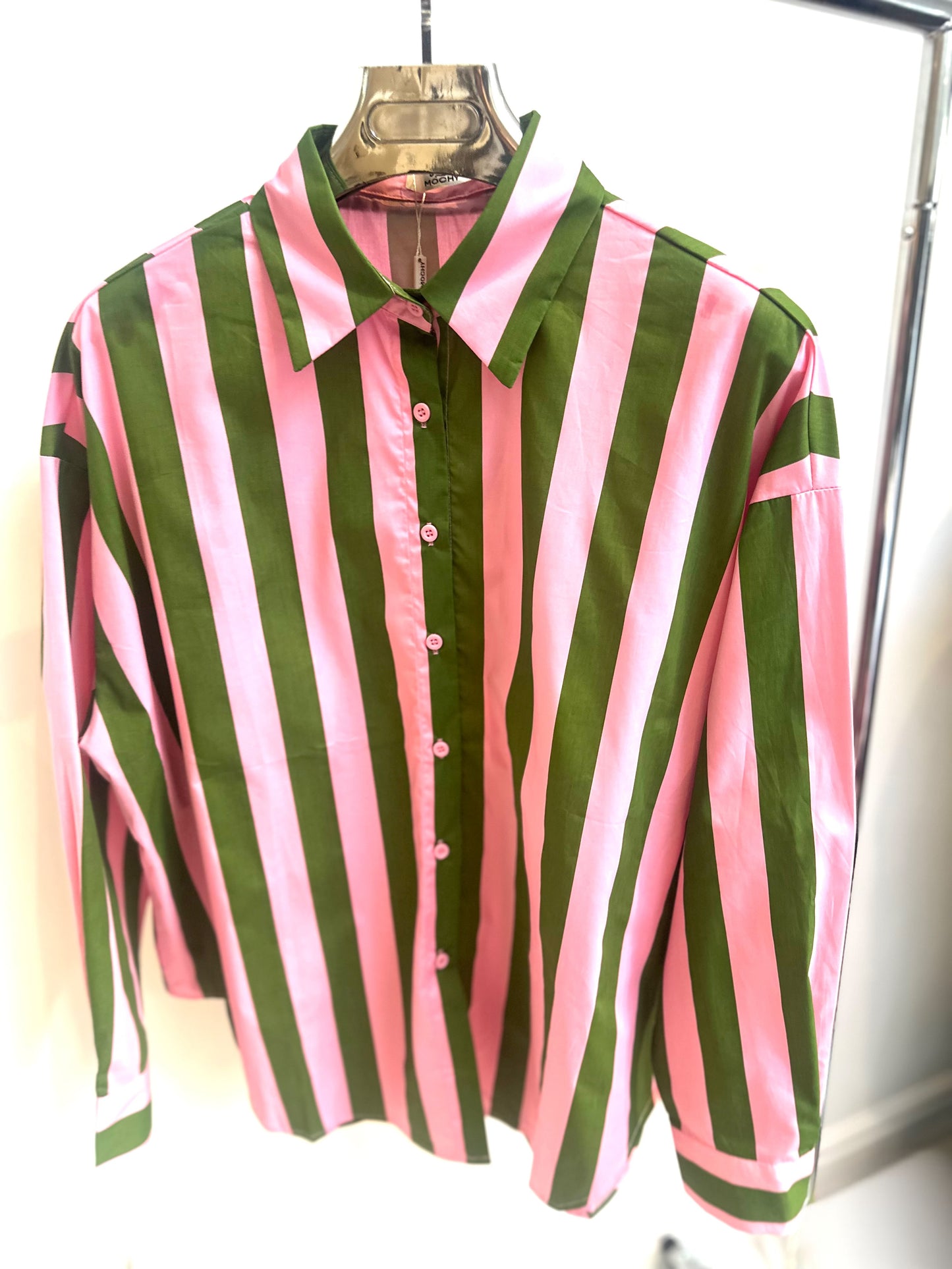 VIVANE Pink & Green Striped Oversized Shirt