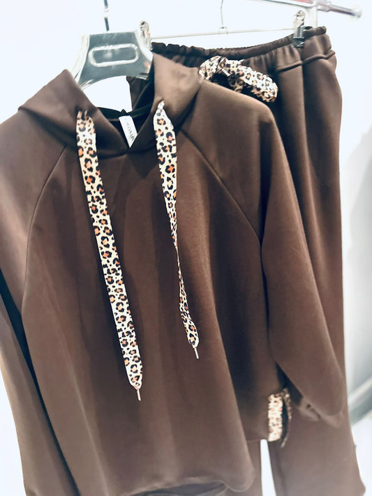 DAHNA Brown Top & Trousers Co Ord with Leopard Print Ribbon Trim
