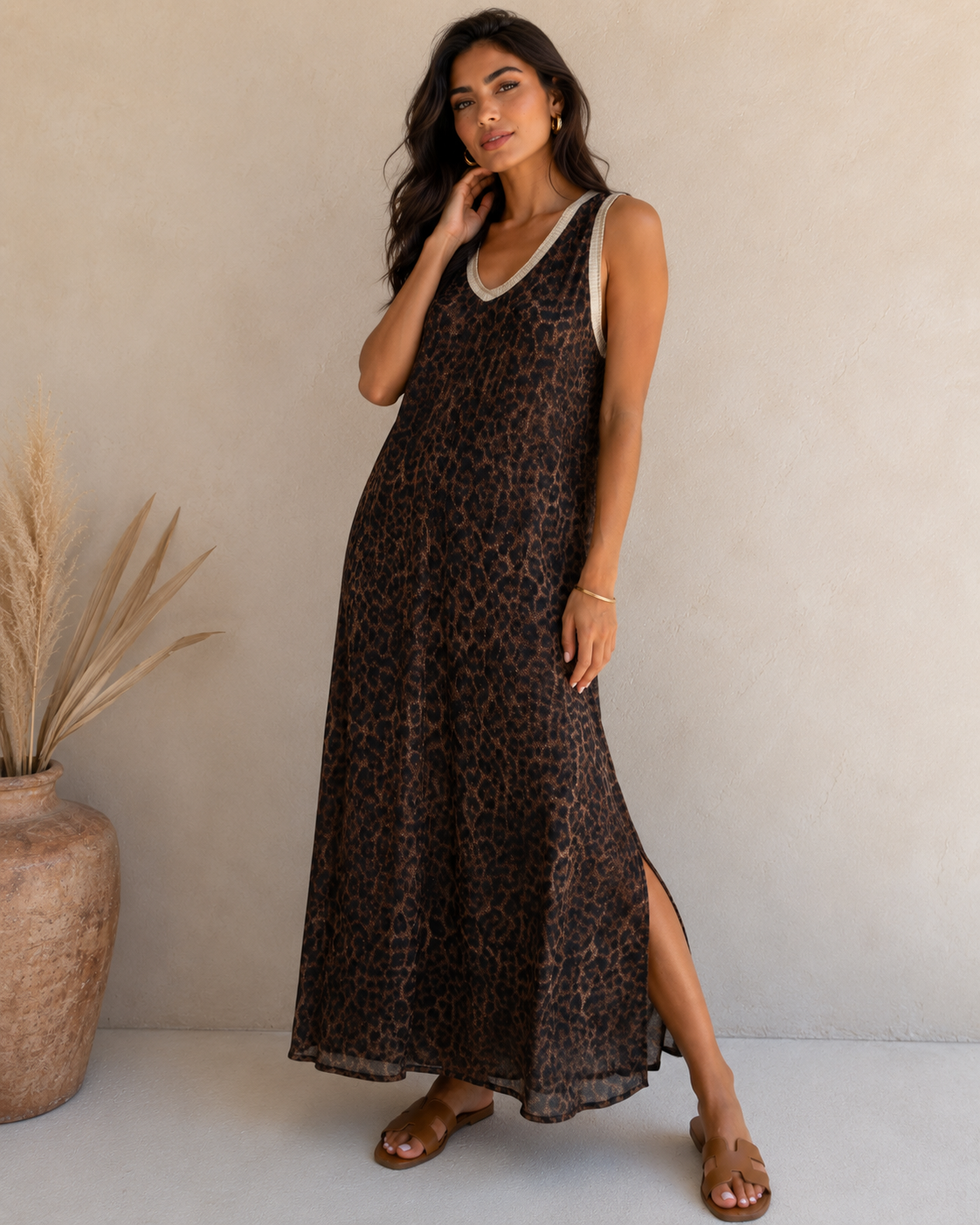ZEPHYRA Brown Leopard Print Maxi Dress
