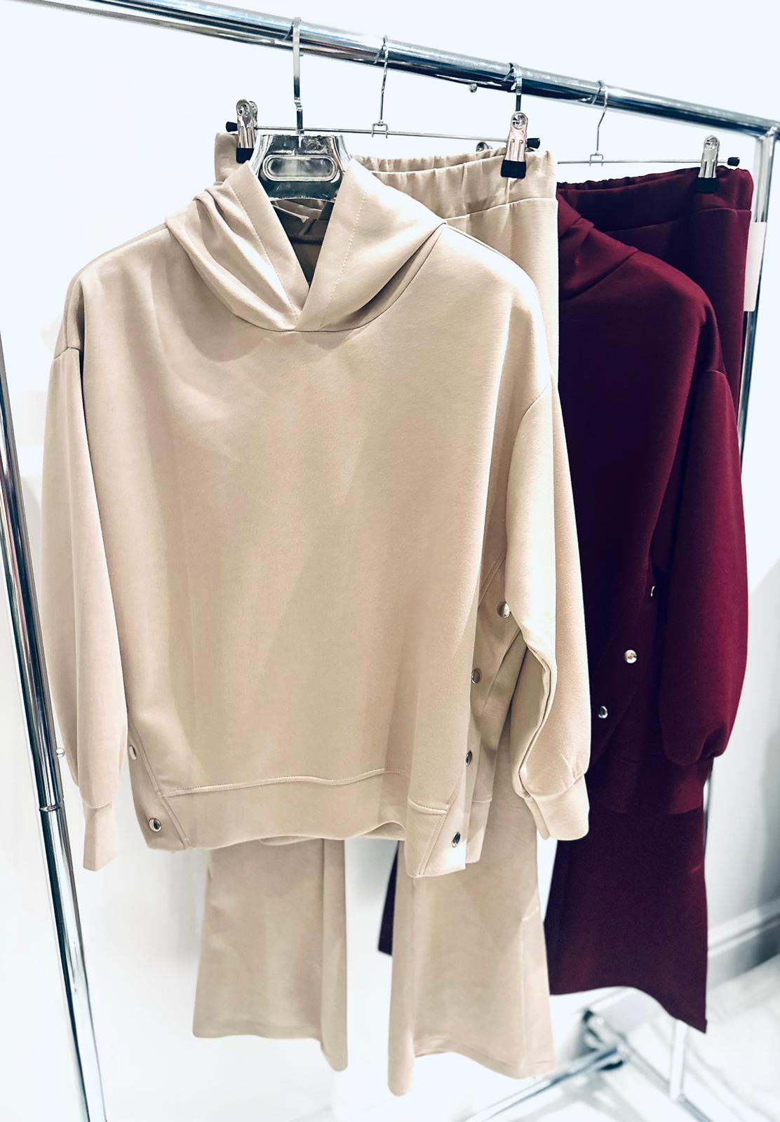 KYLA Beige Side Button Details Hoodie & Flared Trousers Lounge Set
