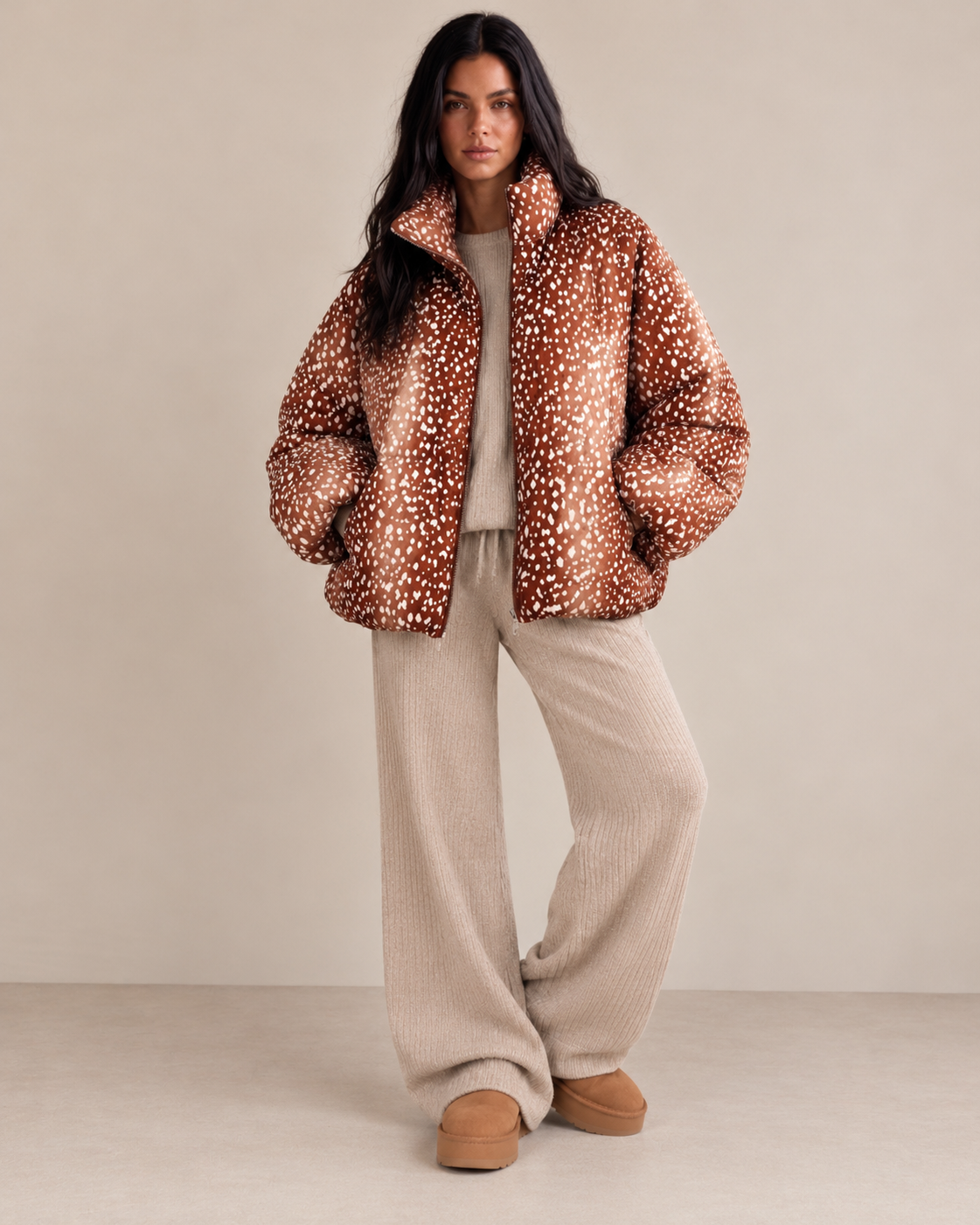 ELARA Rust Deer Print Puffer Jacket