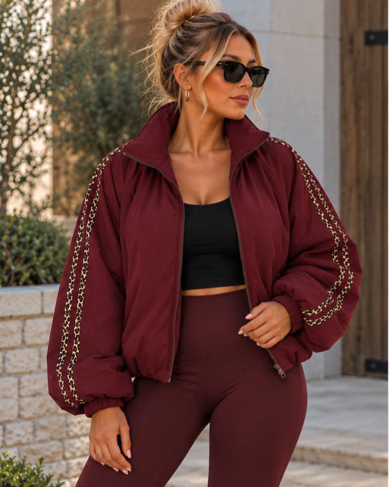 TAHLIA Burgundy Leopard Striped Jacket