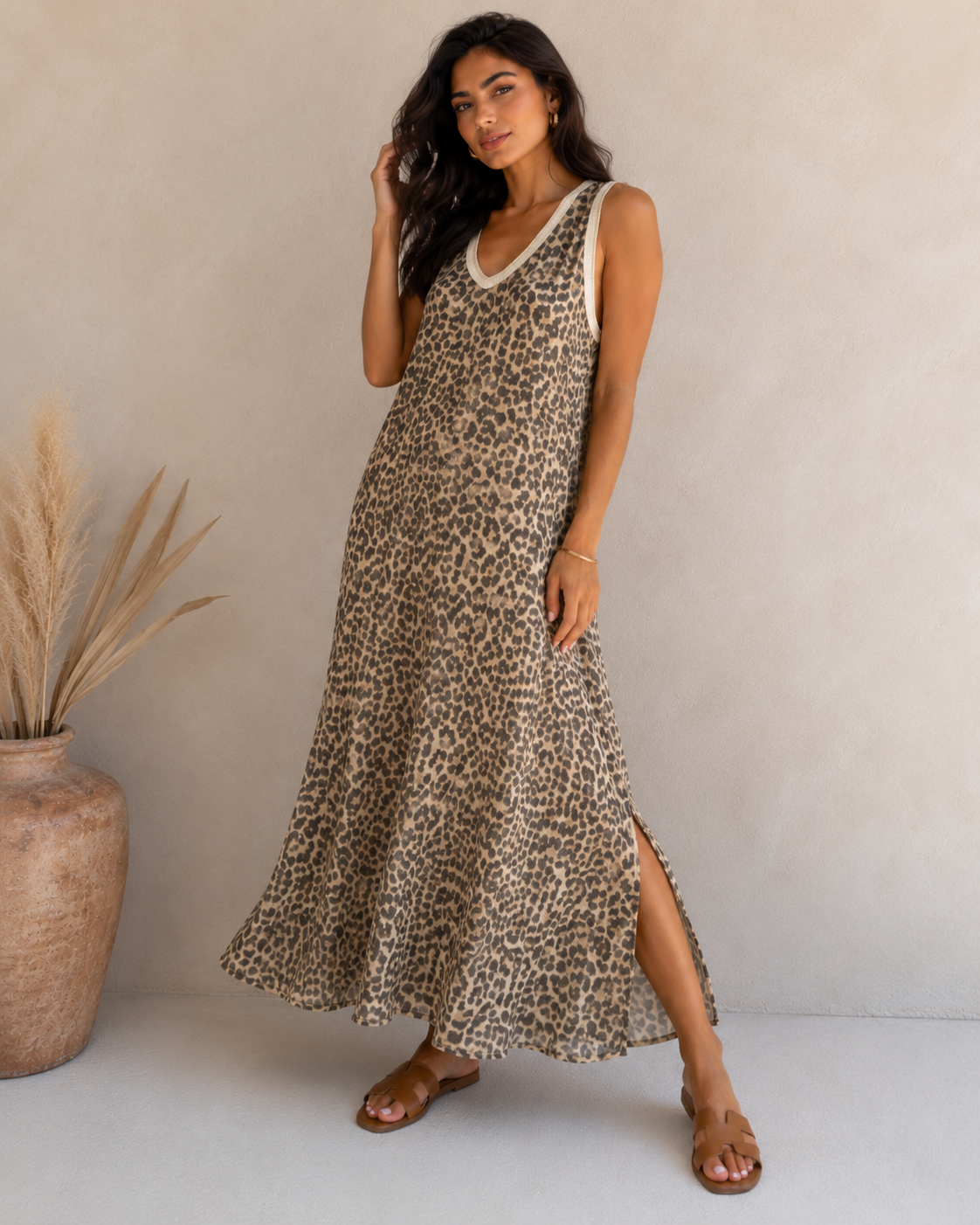 ZEPHYRA Beige Leopard Print Maxi Dress