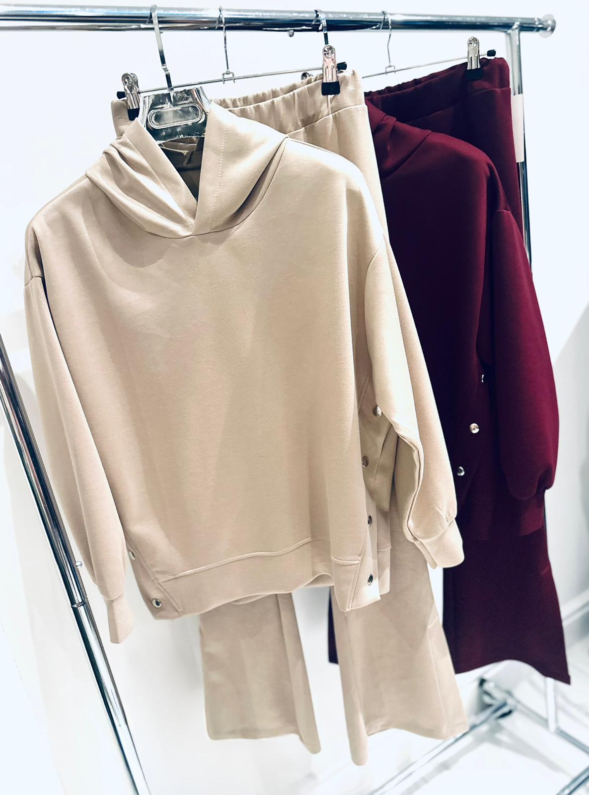 KYLA Burgundy Side Button Details Hoodie & Flared Trousers Lounge Set