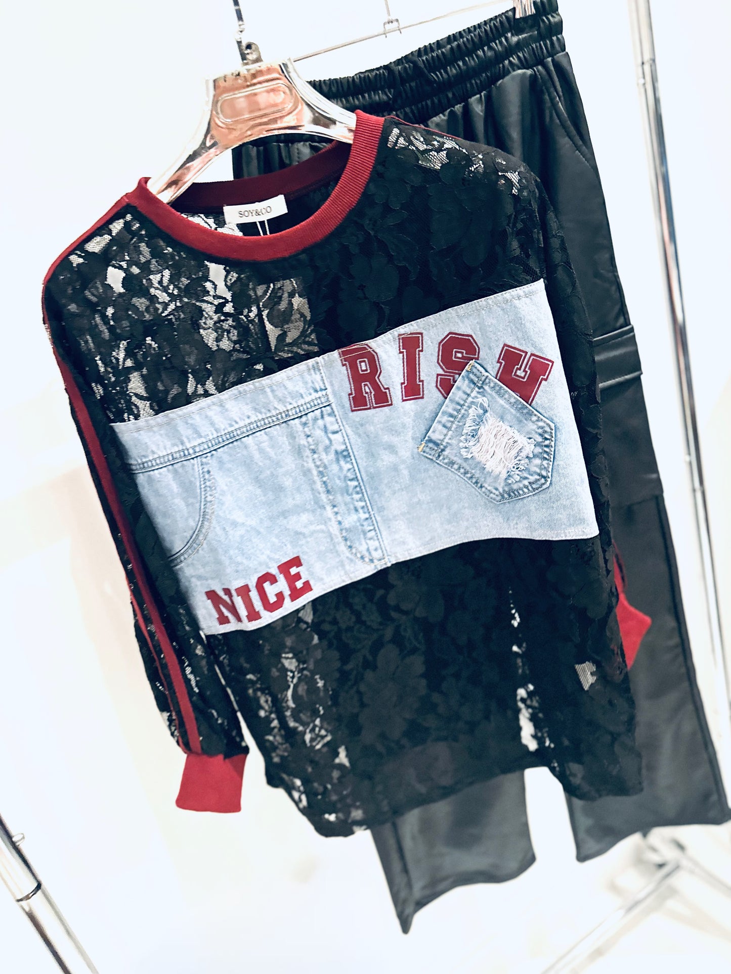 AINARA Black Lace Logo Detail Top