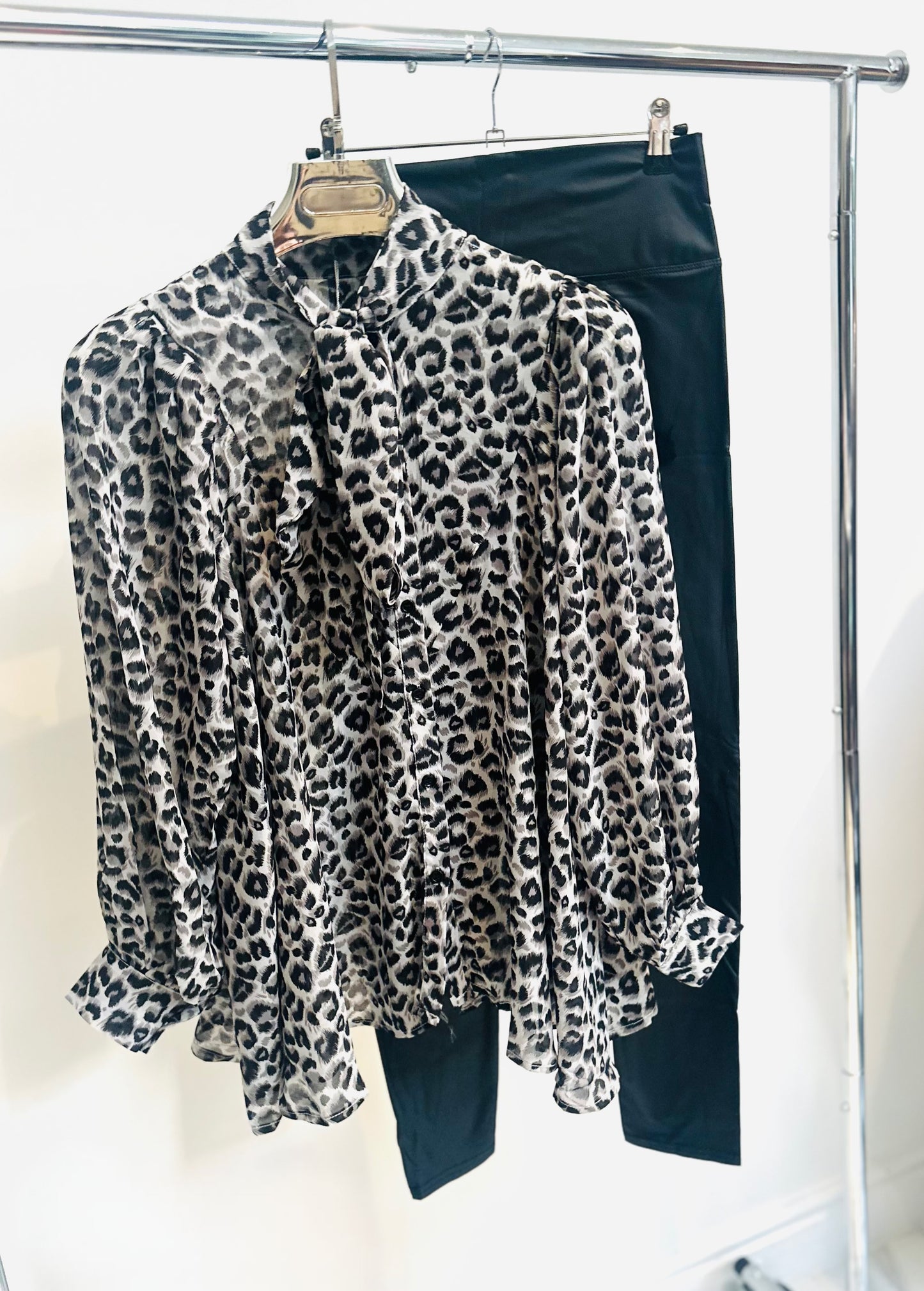 KAYA Black Animal Print Tie Bow Blouse