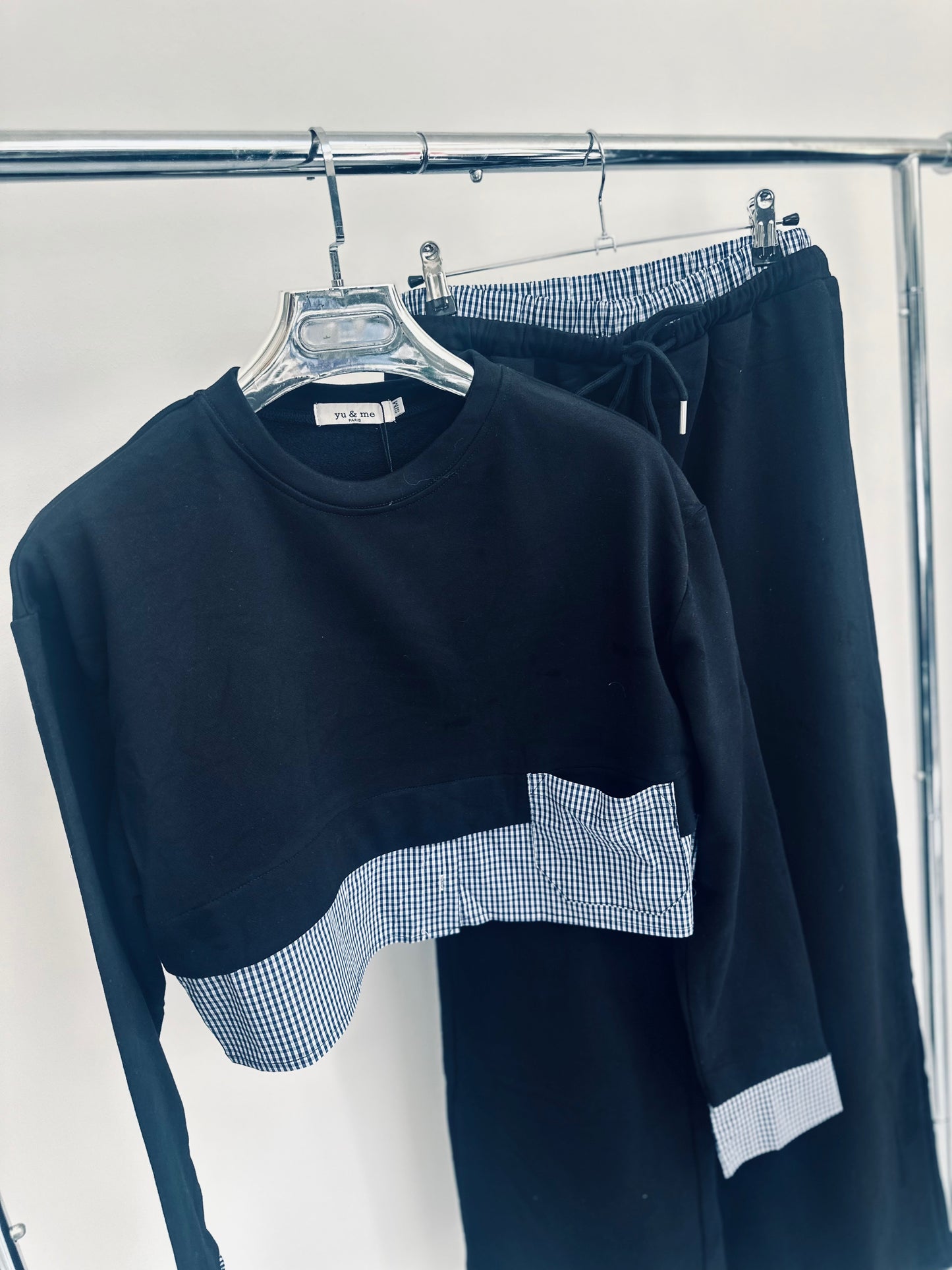 NALANI Black Checked Trim Top & Trousers Tracksuit