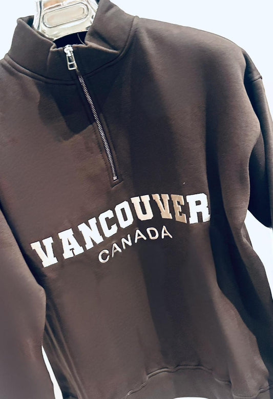 VANCOUVER Brown Embroidered Half Zip Oversized Sweatshirt