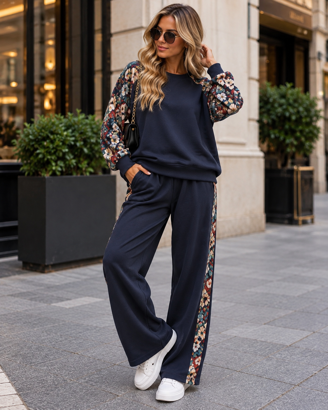 DOVELLA Navy Floral Detail Top & Trousers Tracksuit