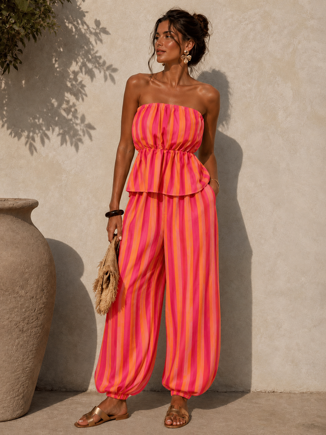 ZURI Orange Striped Peplum Top & Trousers Co-Ord
