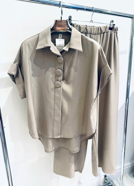 JANELLE Taupe Big Button Detailed Blouse & Trousers Co-Ord