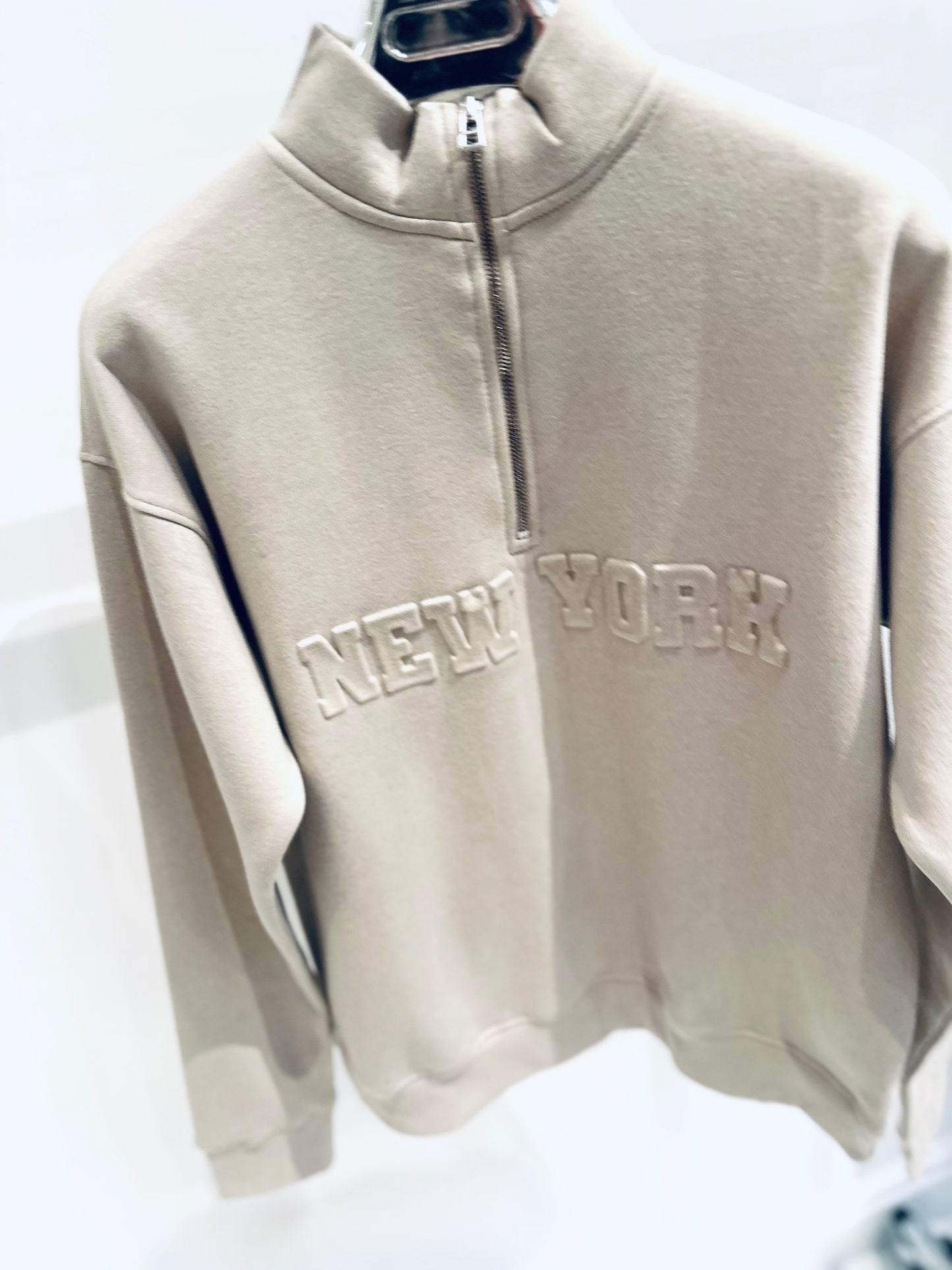 NEW YORK Beige Embossed Half Zip Oversized Sweatshirt