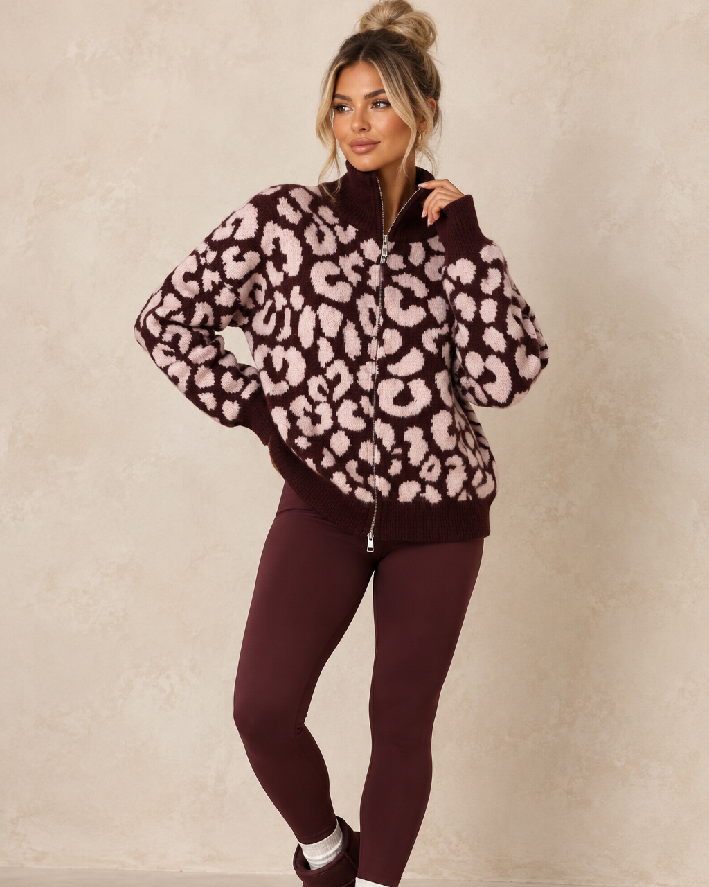 VIONNA Burgundy Leopard Print Zip Cardigan