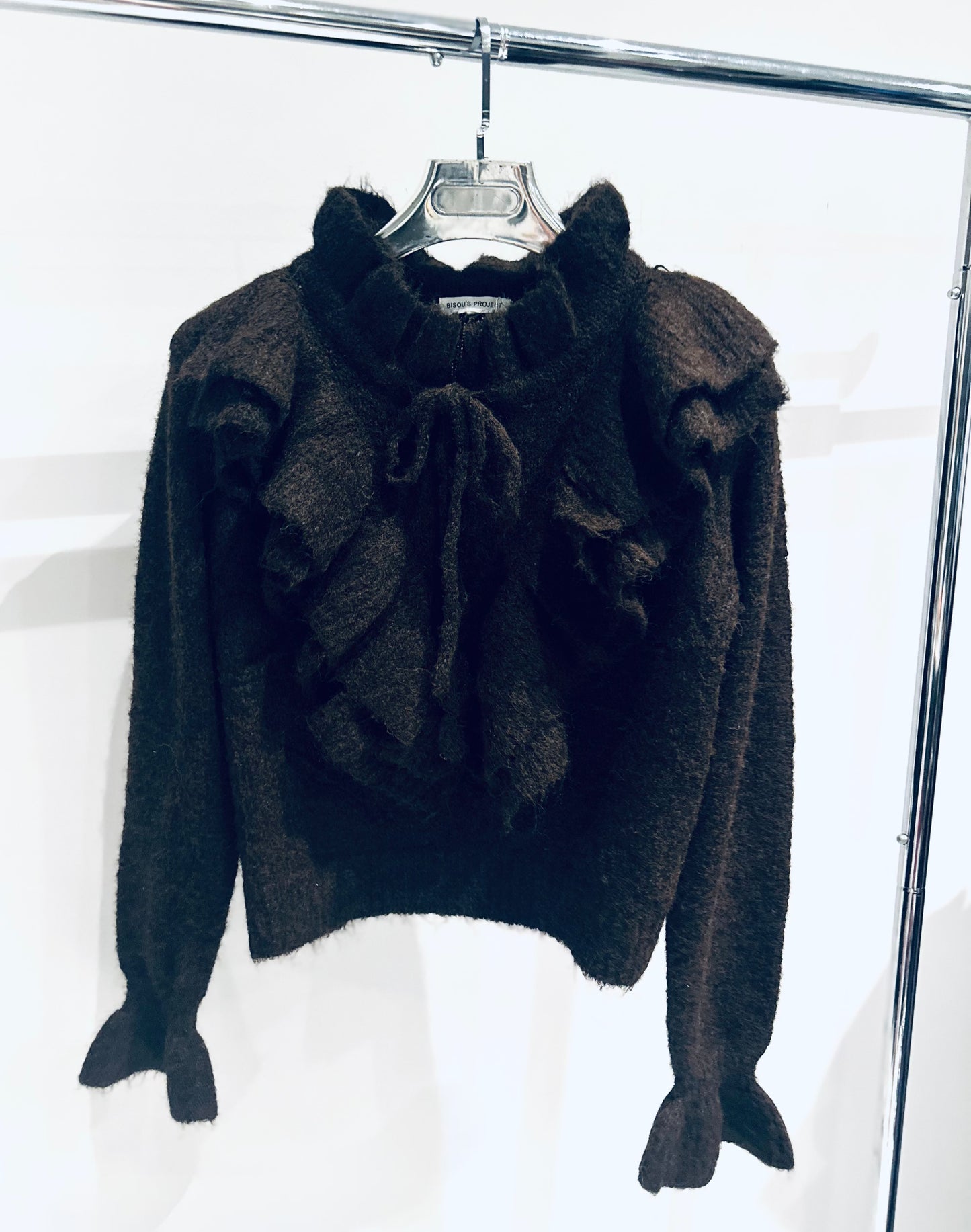 ALETTA Brown High Neck Knitted Jumper with Ruffle Detail