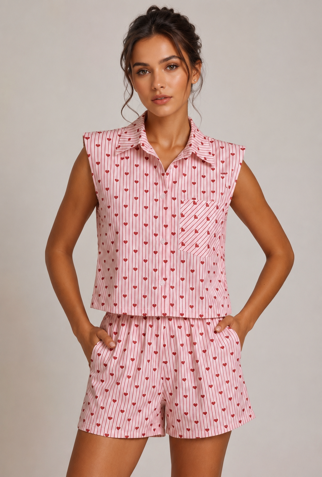 AVENLEY Pink Striped Heart Shorts & Shirt Set
