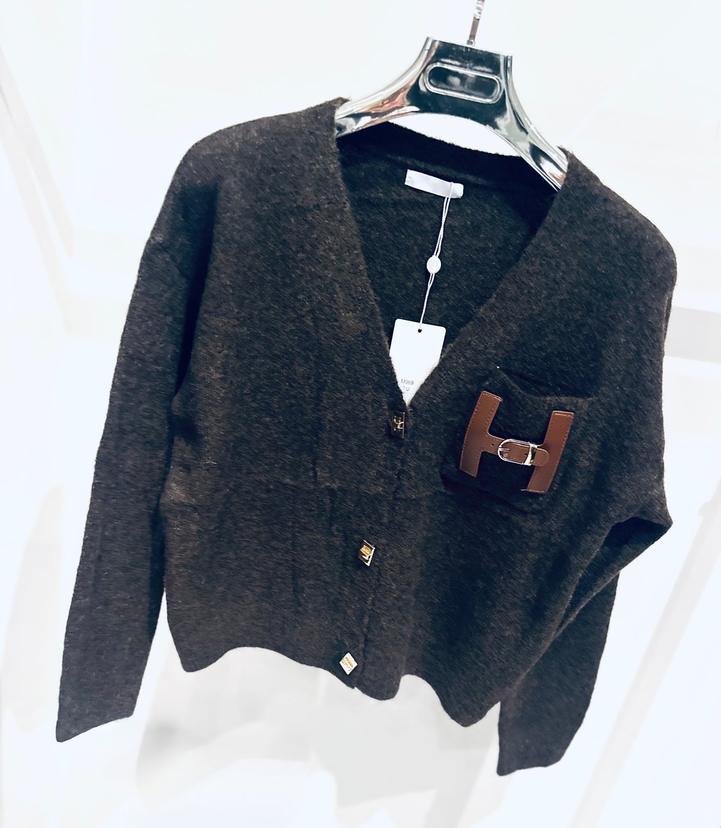 SALOME Brown Knitted Buckle Detail Cardigan