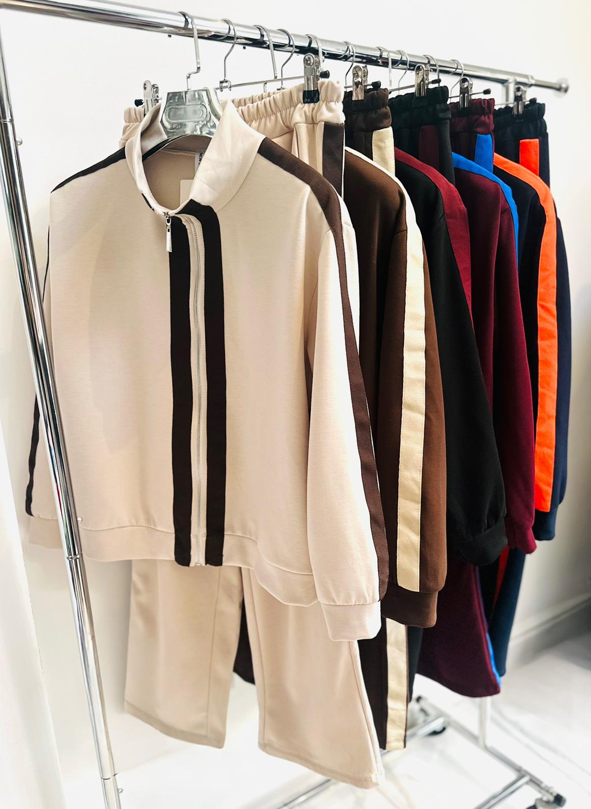 LAFIZA Black with Burgundy Contrast Stripe Jacket & Joggers Tracksuit