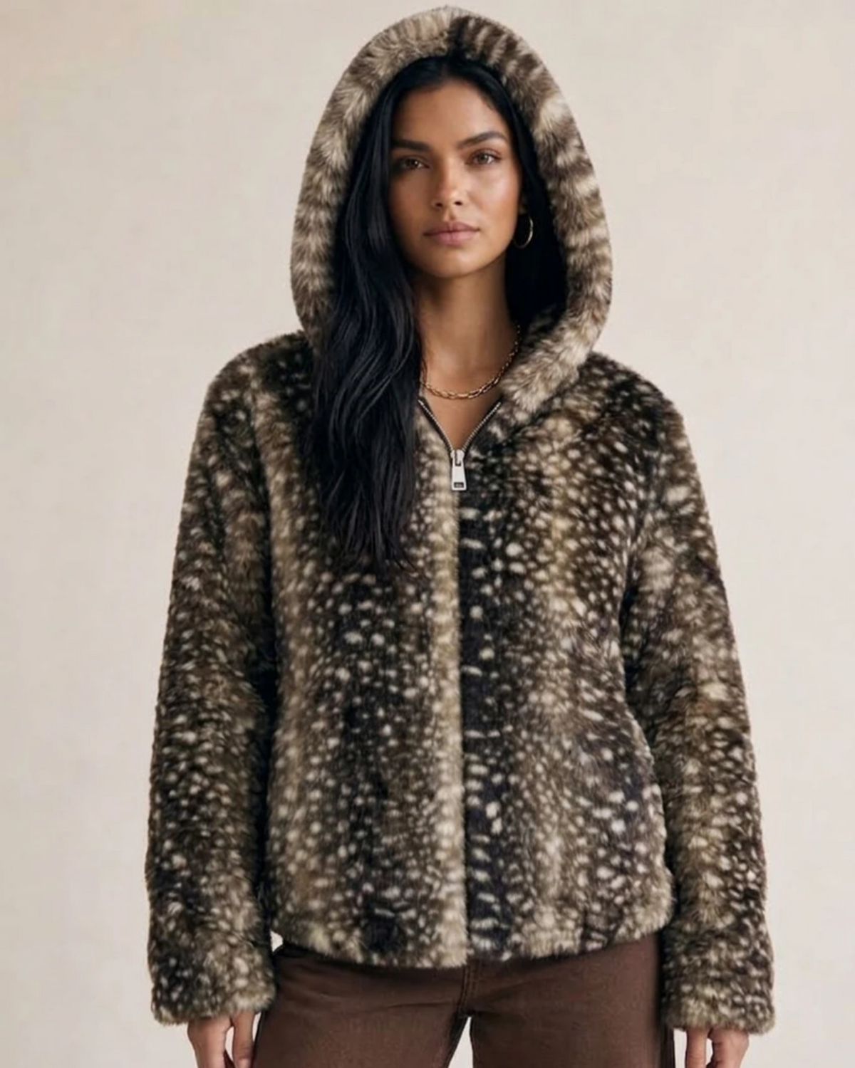 CALISTA Deer Print Faux Fur Hooded Jacket