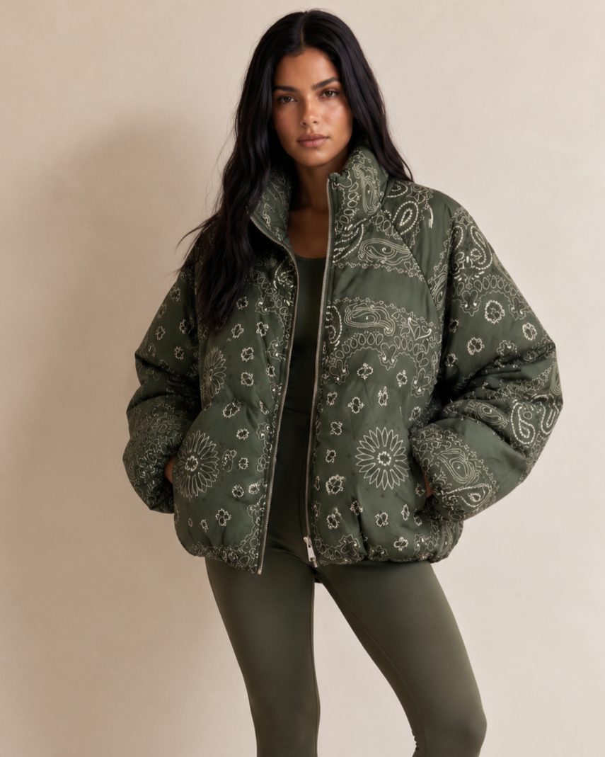 AZURA Khaki Paisley Puffer Jacket