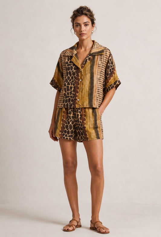 AUBREY Yellow Animal Printed Shirt & Shorts Set