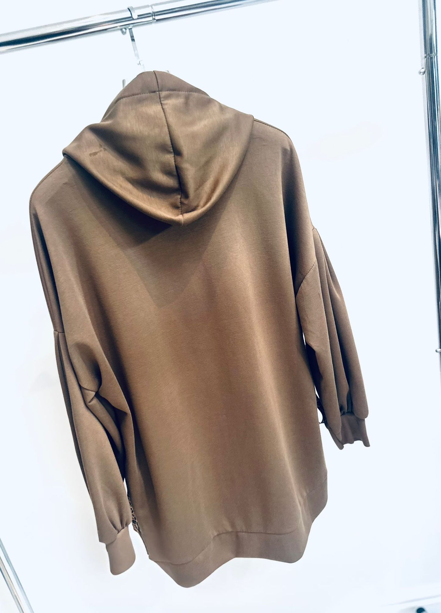 THEDA Camel Hoodie with Leopard Ribbon Detail