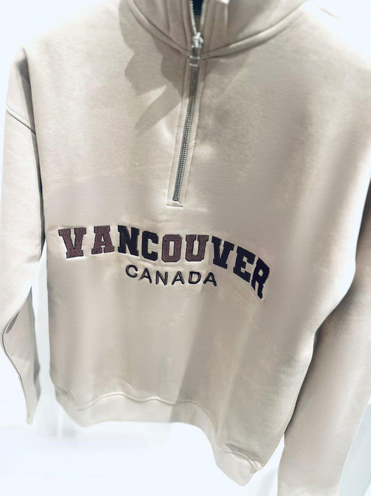 VANCOUVER Beige Embroidered Half Zip Oversized Sweatshirt