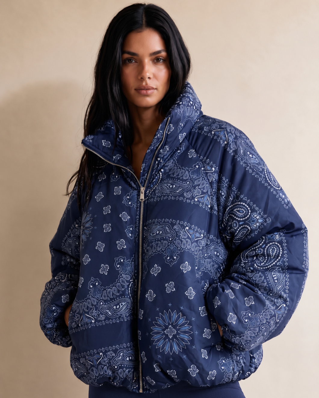 AZURA Navy Paisley Puffer Jacket