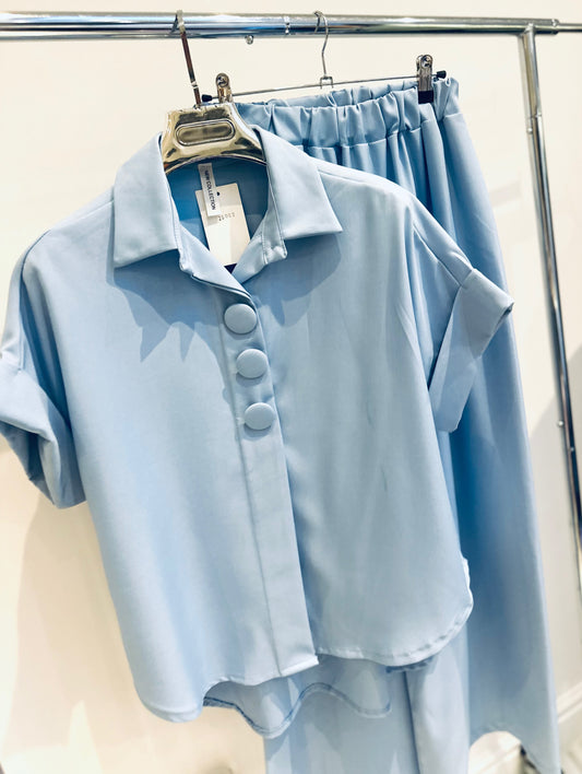JANELLE Blue Big Button Detailed Blouse & Trousers Co-Ord