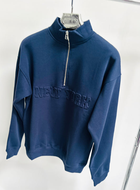 NEW YORK Navy Embossed Half Zip Oversized Sweatshirt
