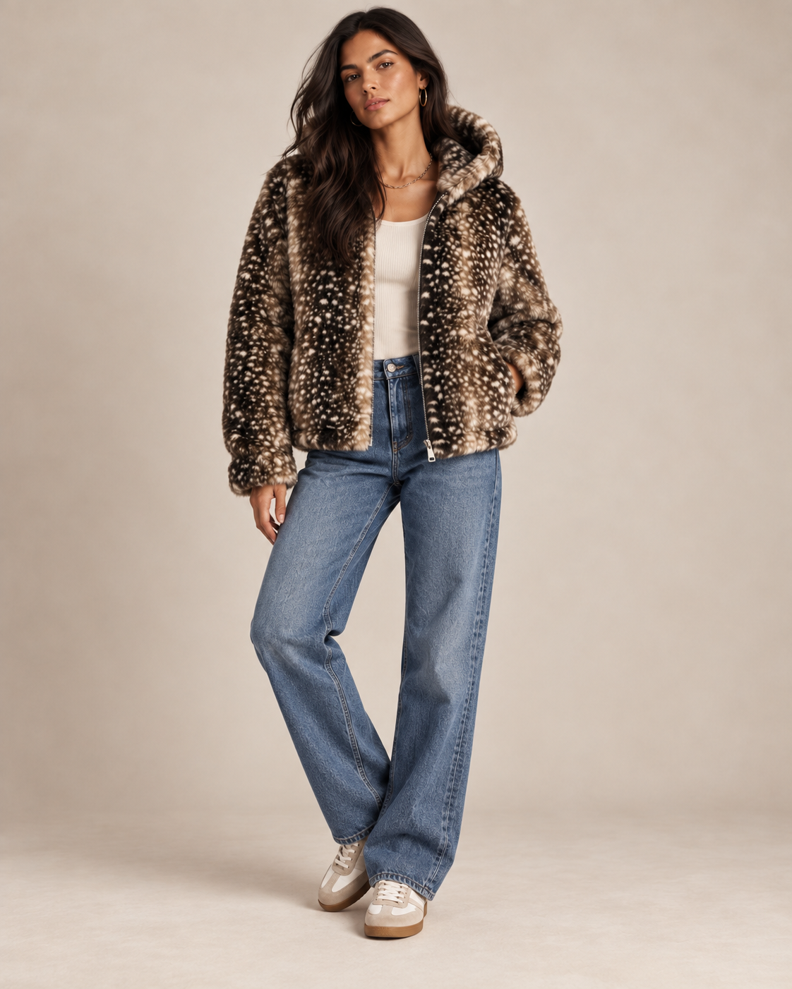 CALISTA Deer Print Faux Fur Hooded Jacket