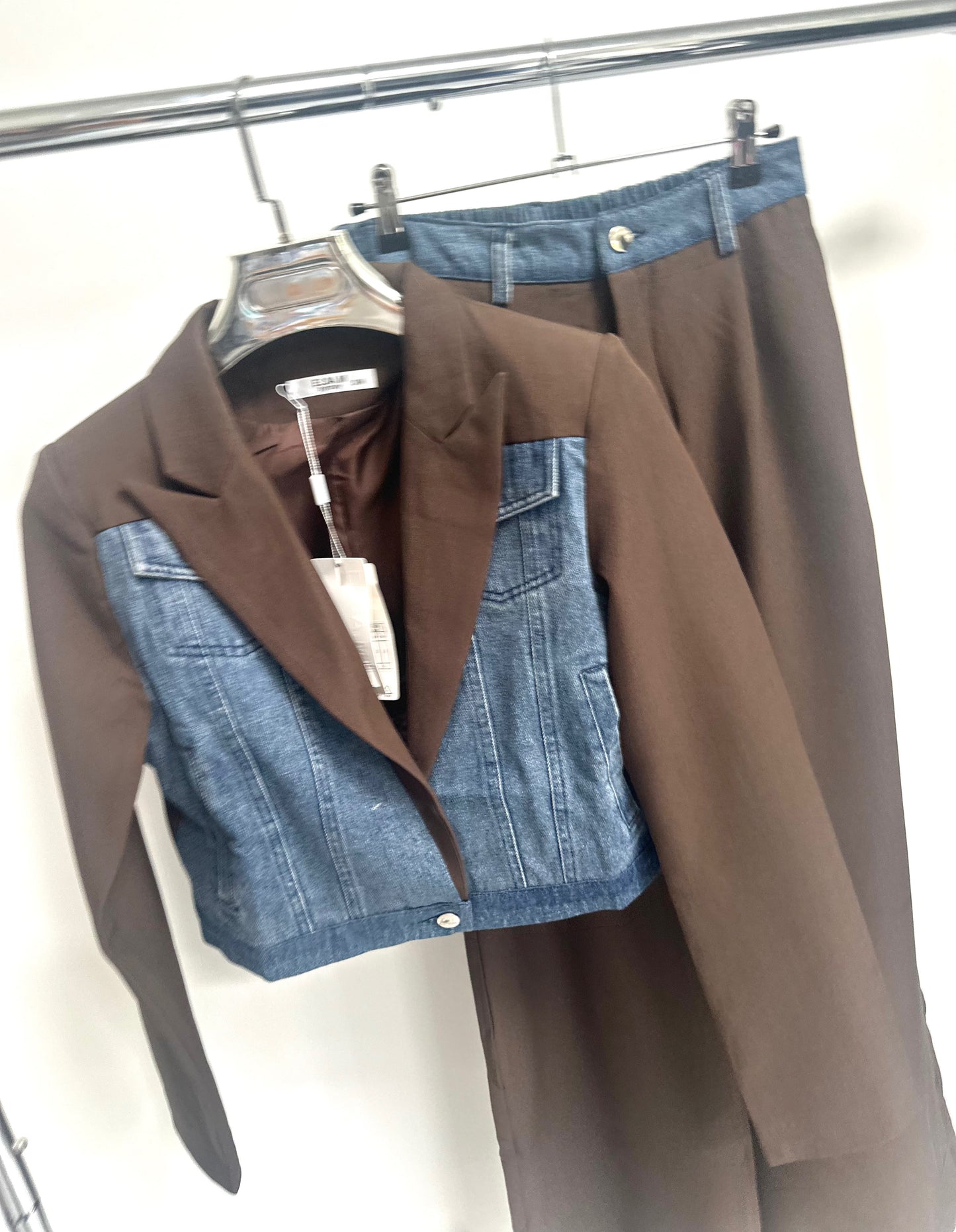 GIADA Brown Denim Contrast Cropped Blazer & Trousers Co-Ord