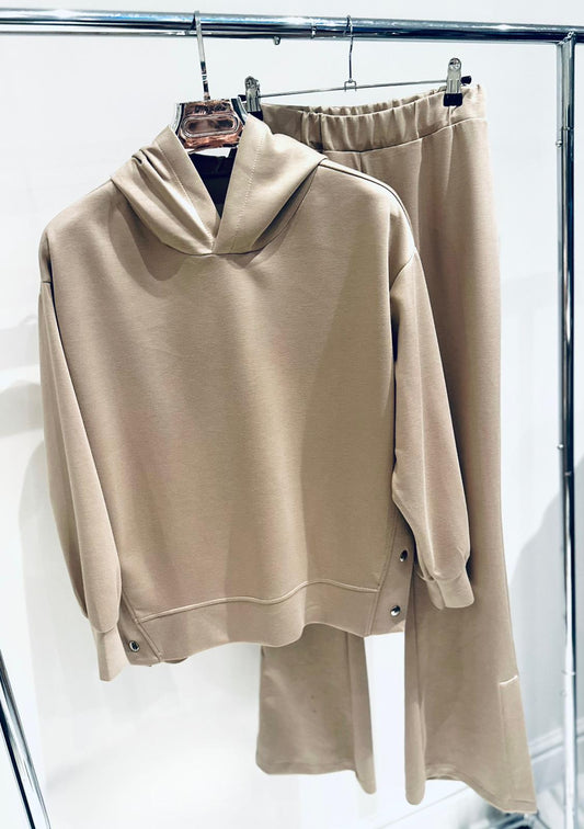 KYLA Beige Side Button Details Hoodie & Flared Trousers Lounge Set