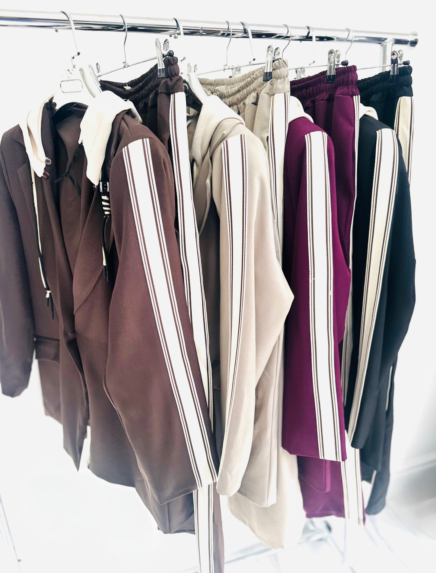 ZETTA Brown Side Stripe Hooded Blazer & Trousers Set