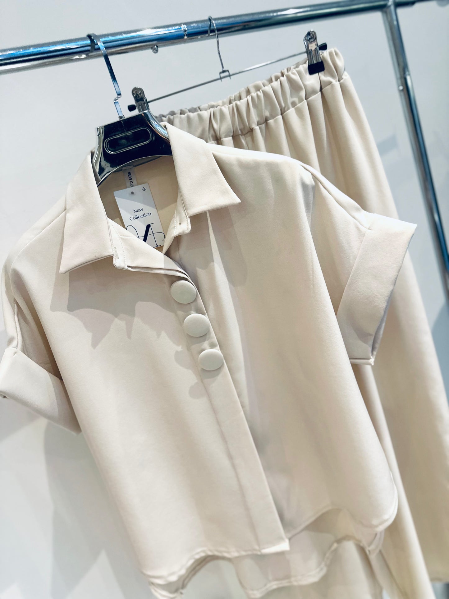 JANELLE Beige Big Button Detailed Blouse & Trousers Co-Ord