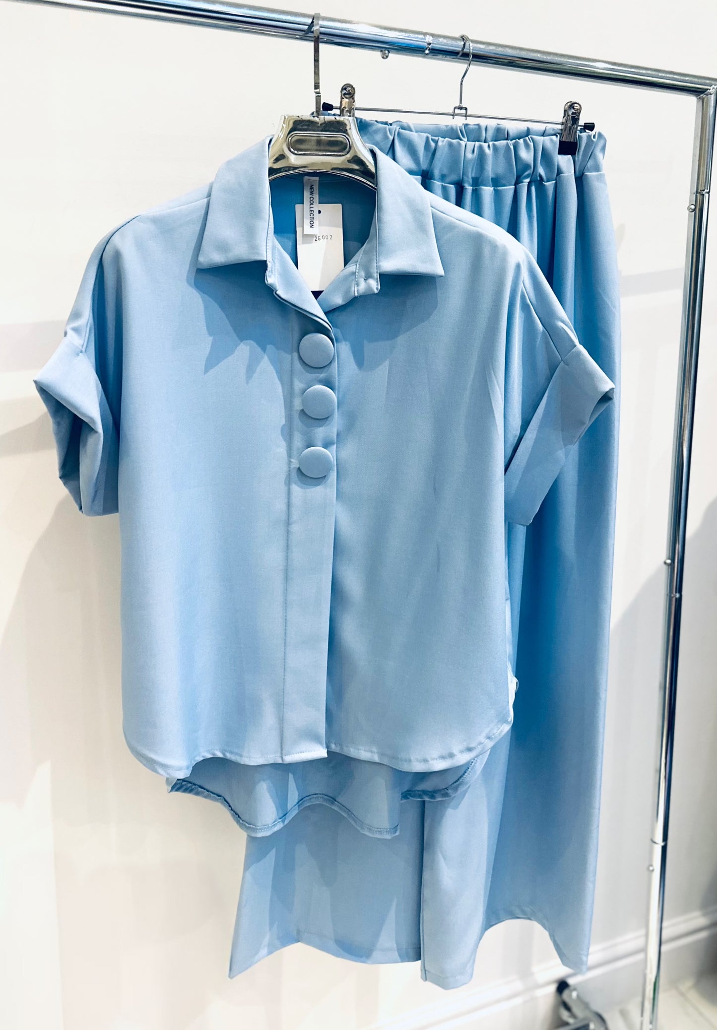 JANELLE Blue Big Button Detailed Blouse & Trousers Co-Ord