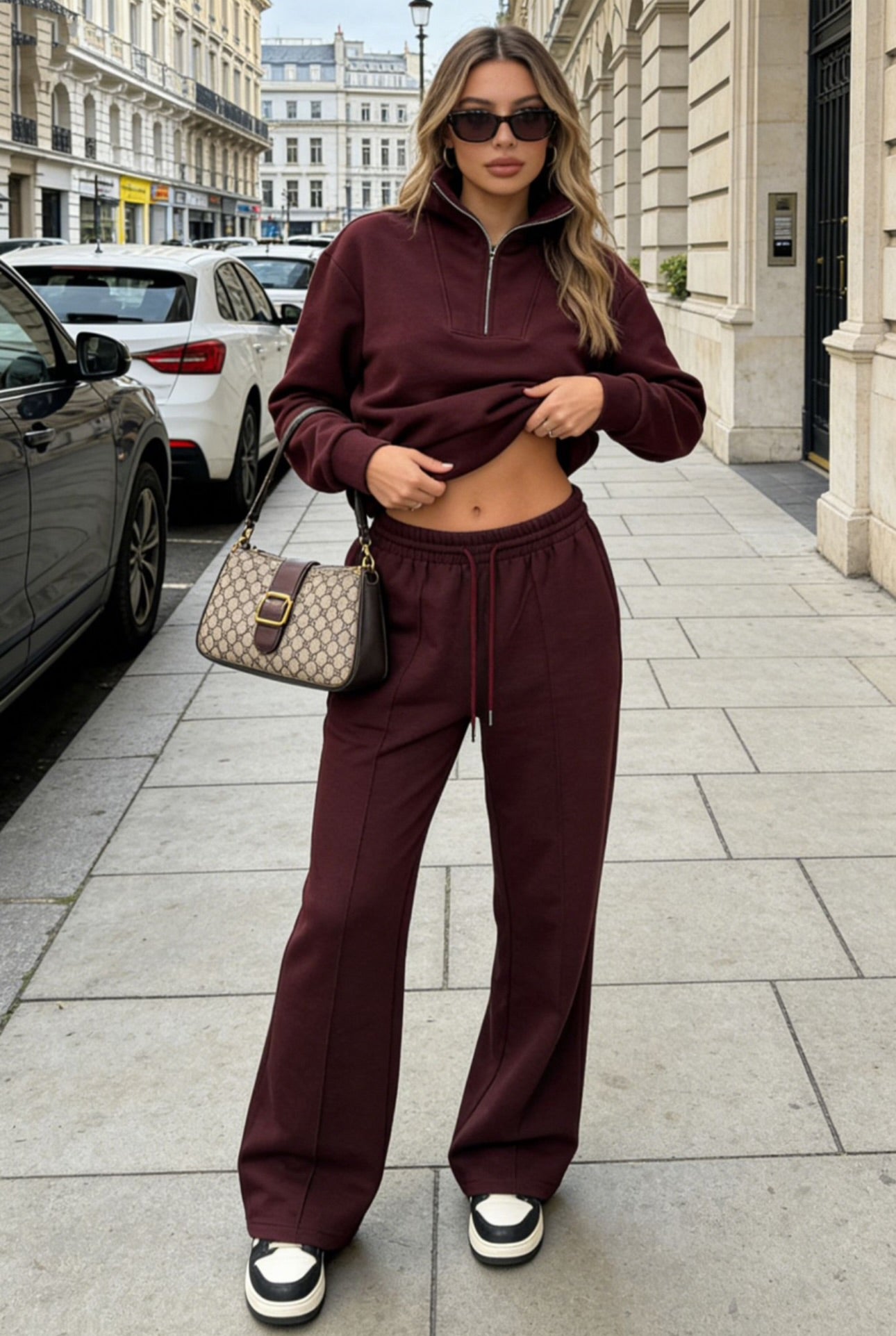 VIDA Blush Burgundy Half Zip Sweater & Trousers Lounge Set