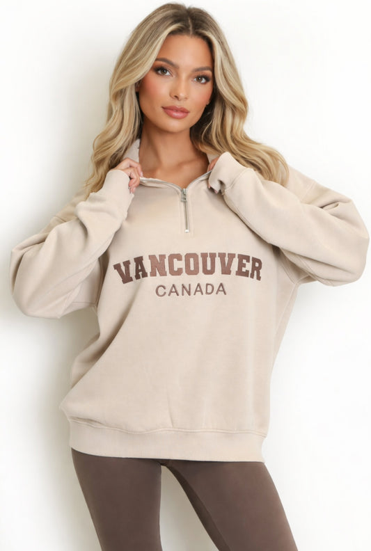 VANCOUVER Beige Embroidered Half Zip Oversized Sweatshirt