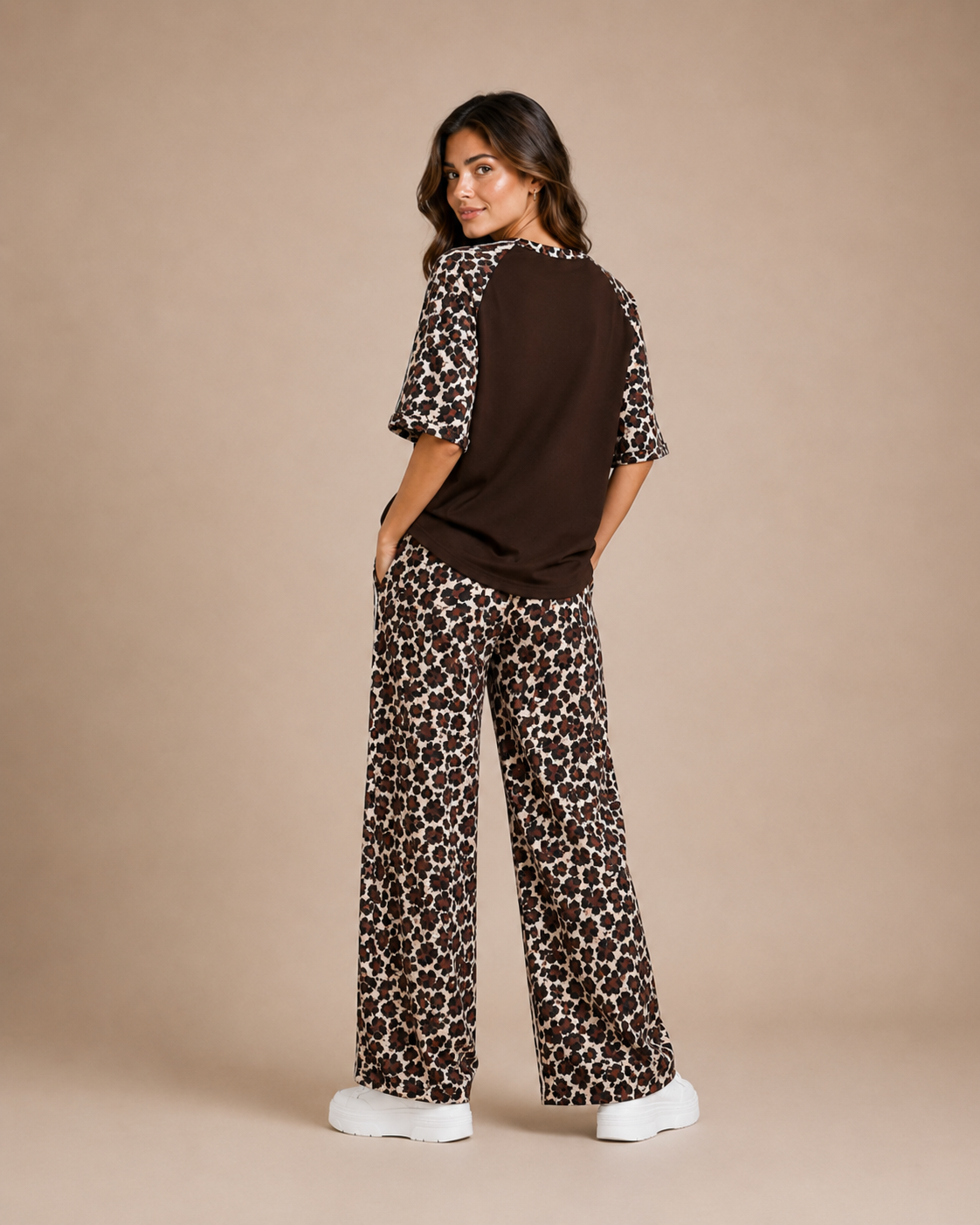 VIVIA Brown Stripe & Animal Printed Top & Trousers Co-Ord