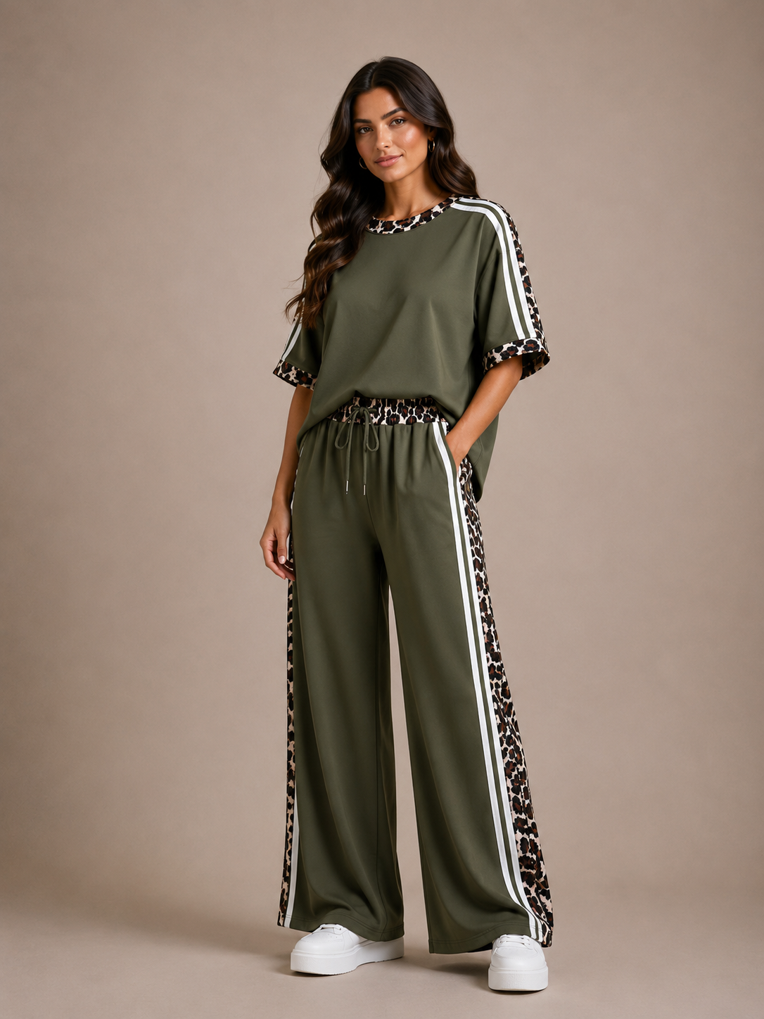 VIVIA Khaki Stripe & Animal Printed Top & Trousers Co-Ord