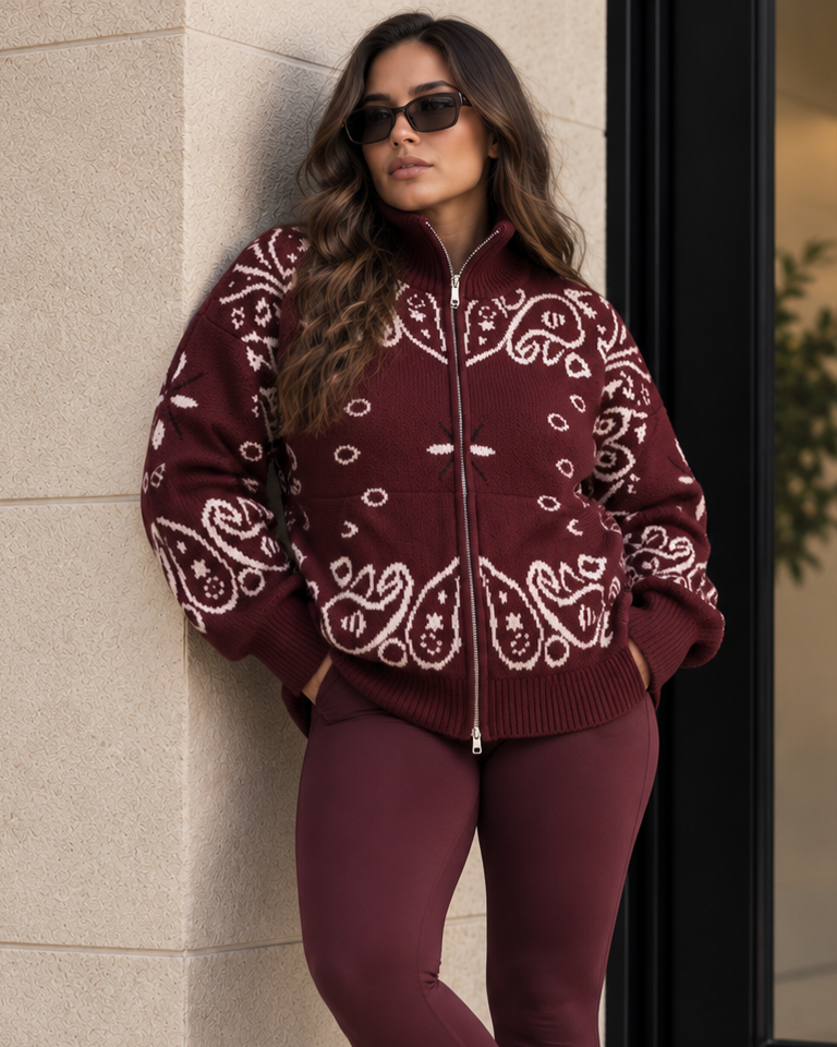 VEDA Burgundy Paisley Print Zip Up Cardigan