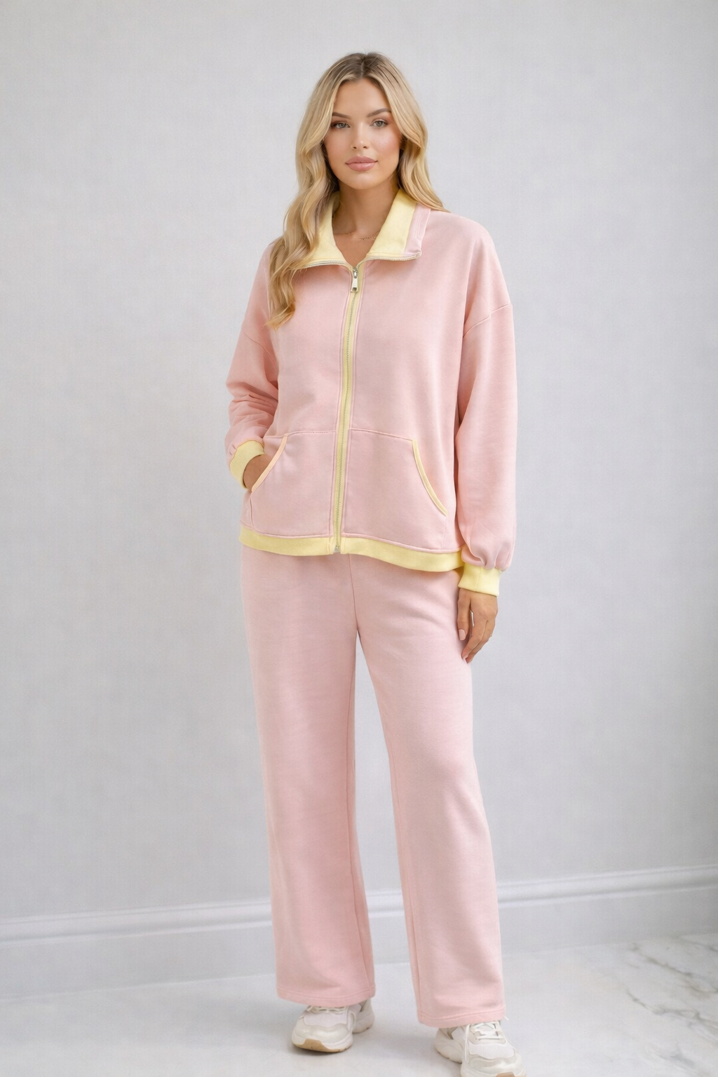 YURENA Pink Contrast Zip Jacket & Trousers Co-Ord