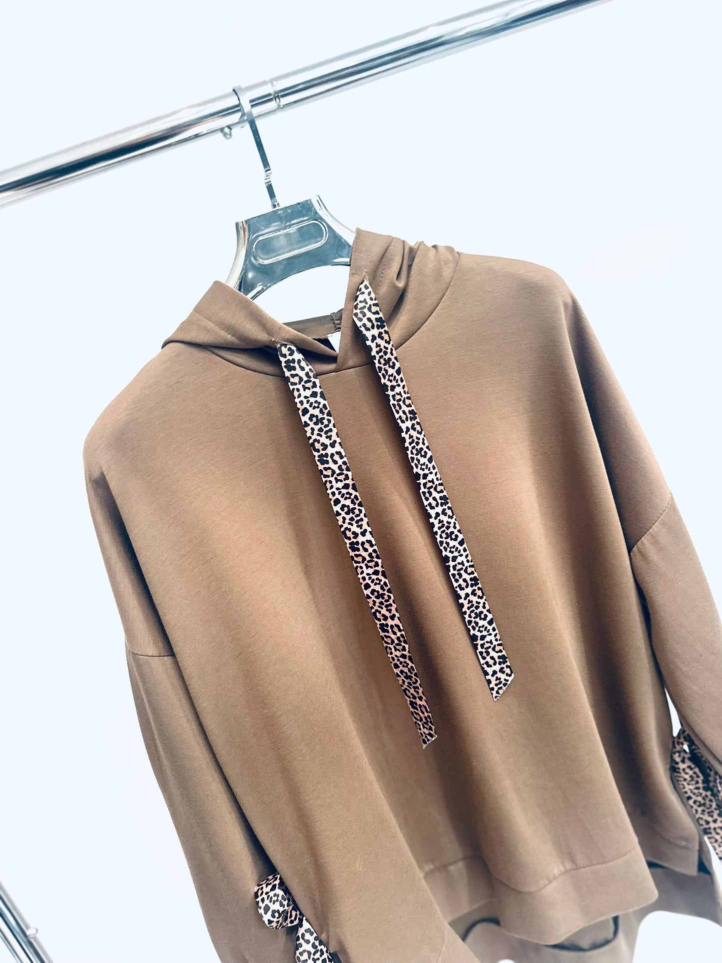 THEDA Camel Hoodie with Leopard Ribbon Detail