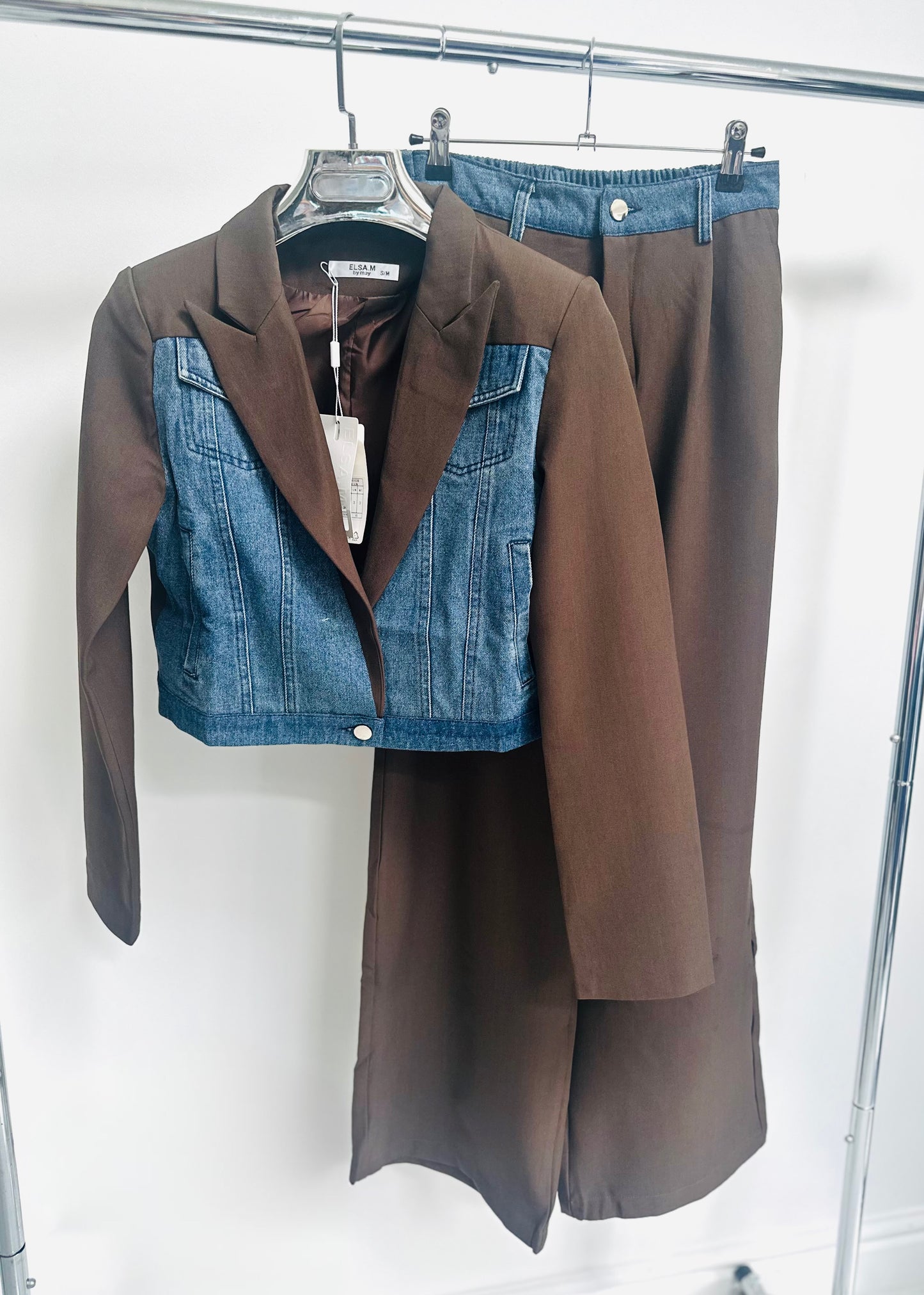 GIADA Brown Denim Contrast Cropped Blazer & Trousers Co-Ord