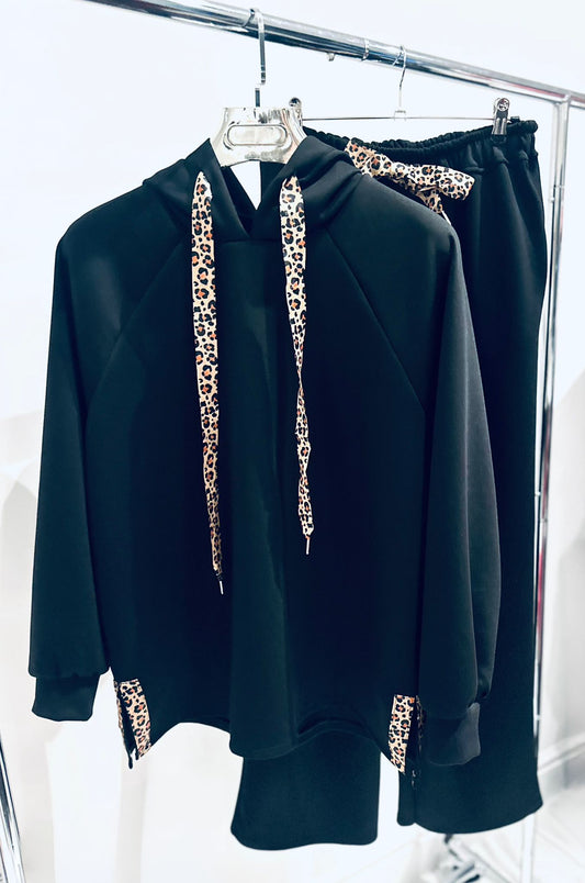 DAHNA Black Top & Trousers Co Ord with Leopard Print Ribbon Trim