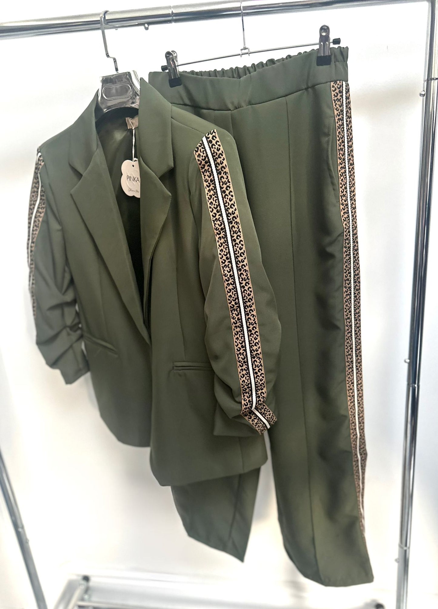 XENA Khaki Blazer & Trousers with Leopard Print Detail