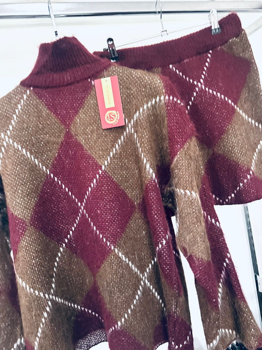 FARAH Burgundy Argyle Jumper & Skirt Co-Ord