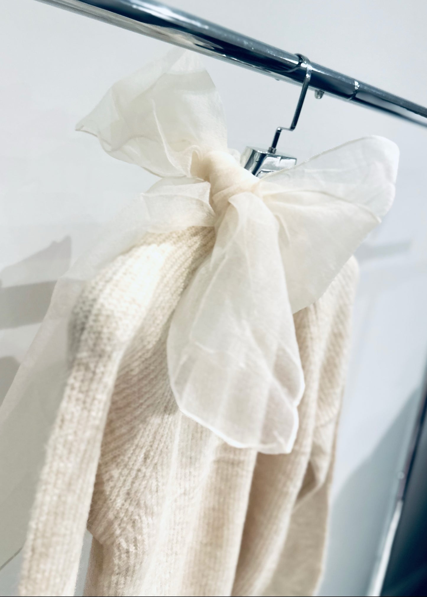 MARISE Cream Knitted Jumper with Chiffon Bow Neck Detail
