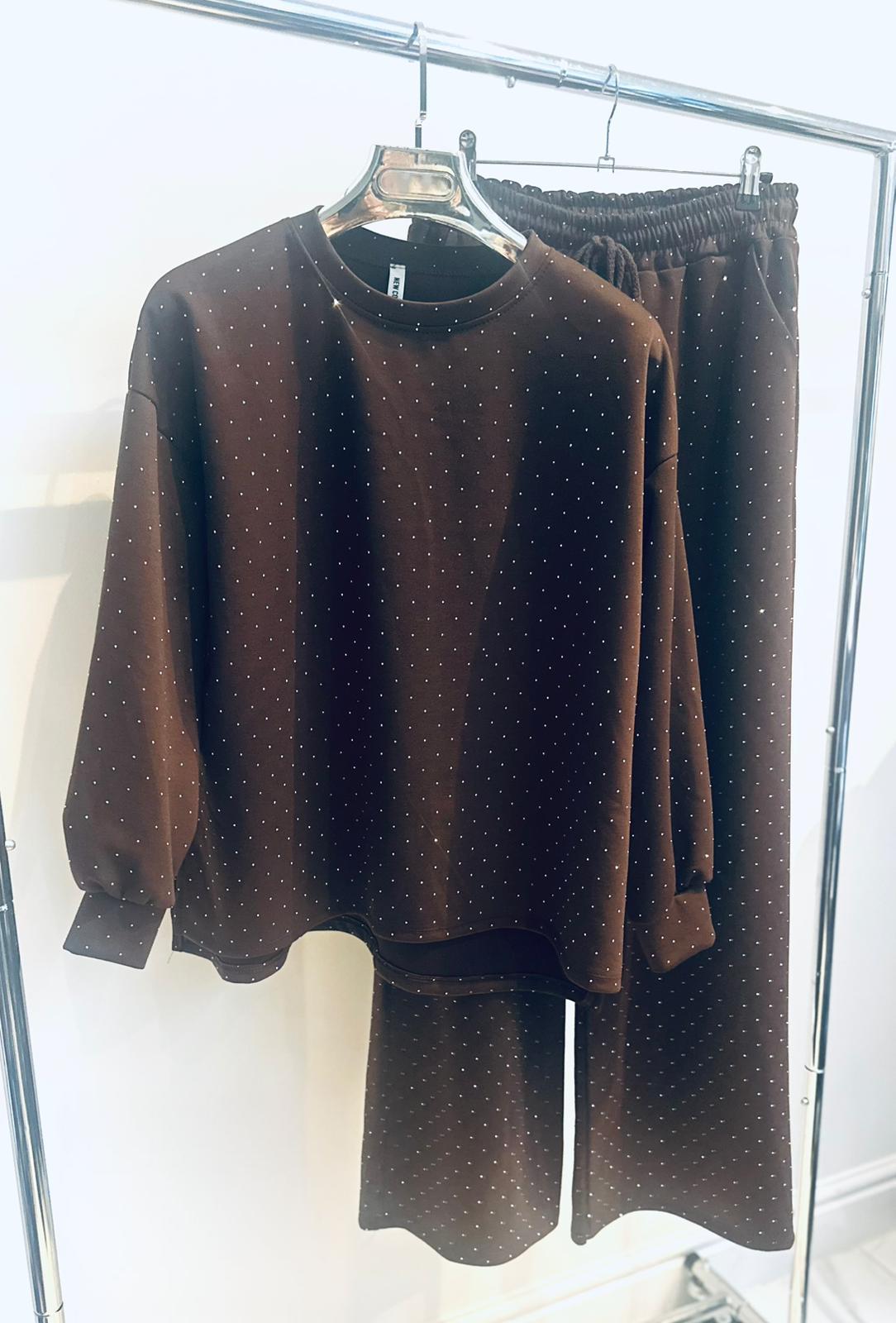 ESTELA Brown Studded Detail Top & Pants Set