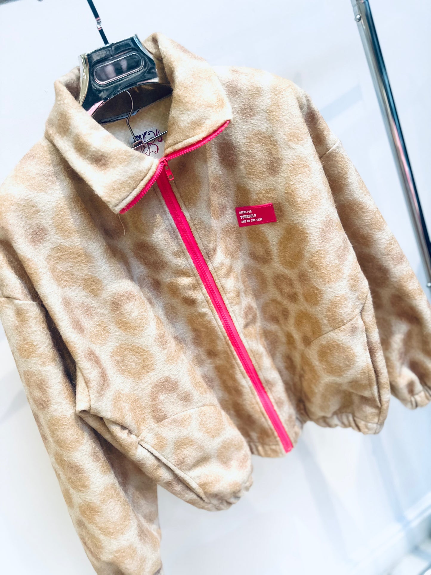 KEZIAH Beige Leopard Print Contrast Zip Jacket