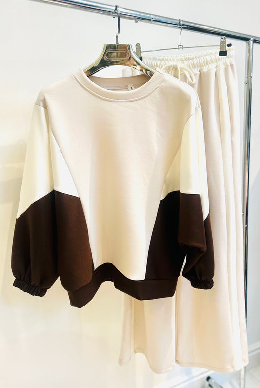 CAMILLE Beige Contrast Sweater & Joggers Lounge Set